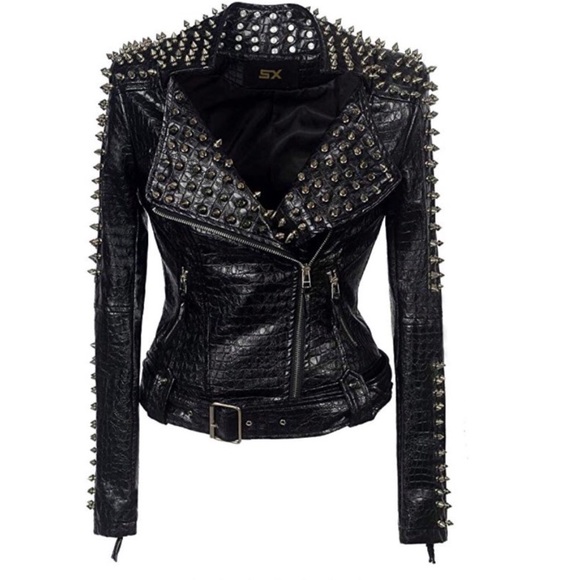 Jackets & Blazers - Black Belted Jacket Studded Rivet Crock Embossed